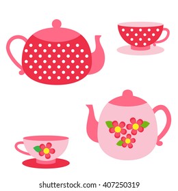 Vector set of tea pots and cups in  red and pink colors