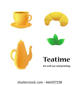 Vector set of tea supplies. A cup of tea, kettle, croissant, mint. Vector illustration for web design and printing. Elements isolated on a white background.