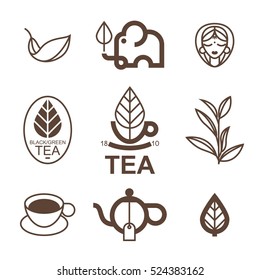 Vector set with tea themes in the trendy linear style. It can be used for printed products in cafes and restaurants