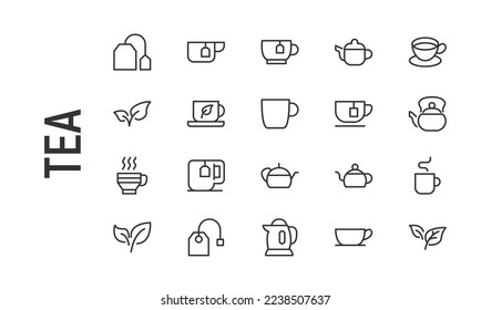 Vector set of tea thin line icons. Design of 20 stroke pictograms. Signs of tea isolated on a white background.