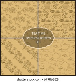 Vector set Tea Time seamless pattern of the doodle various leaves, cups. Dark brown line on light brown background.