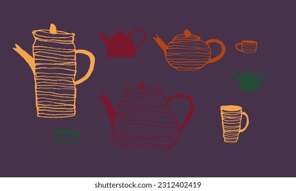 Vector set of tea utensils. Teapots, cups of various types. Hand drawing, sketch, doodle, stylization. Cafe, tea club, restaurant. Red, brown, orange, green on a purple background. Eps10