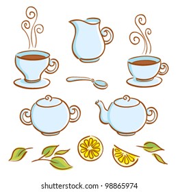 Vector set of tea ware and tea drinking elements