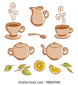 Vector set of tea ware and tea drinking elements