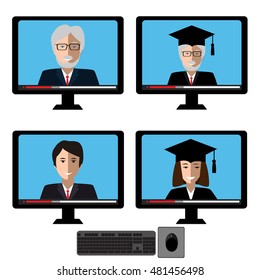 Vector set with teachers faces on computer screen. Design elements for business or education concept