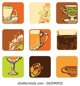 Vector set of tea/coffee icons. Bright ornate square icons. Isolated on white background. 