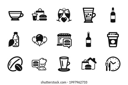 Vector set of Teacup, Water bottle and Wine icons simple set. Food delivery, Frappe and Dry cappuccino icons. Soy nut, Food time and Chef signs. Teacup simple web symbol. Vector
