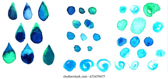 A vector set of teal blue abstract decorative elements representing drops of water