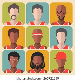 Vector set of team basketball players app icons in trendy flat style