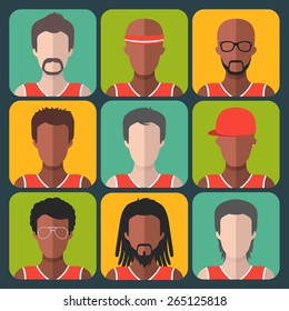 Vector set of team basketball players app icons in trendy flat style