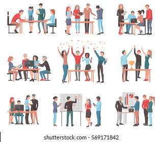 Vector set of team of workers in process of creating something, discussing idea with chief, celebrating and winning price, working with laptop, drawing scheme and presenting work in cartoon style