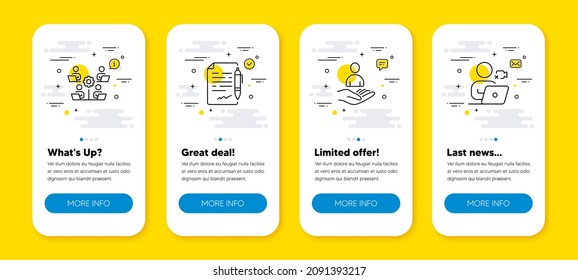 Vector Set Of Teamwork, Agreement Document And Recruitment Line Icons Set. UI Phone App Screens With Line Icons. Video Conference Icon. Remote Work, Legal Contract, Hr. Online Training. Vector