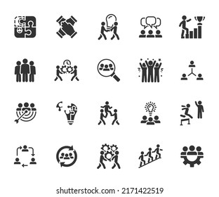 Vector set of teamwork flat icons. Contains icons team building, collaboration, team, motivation, team goal, working group, management, cooperation and more. Pixel perfect.