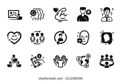 Vector set of Teamwork, Hold t-shirt and Support consultant icons simple set. Buying process, Face accepted and Valet servant icons. Payment method, Strong arm and Smile chat signs. Vector