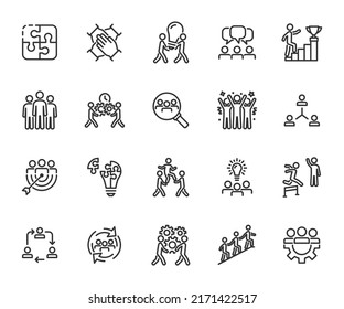 Vector set of teamwork line icons. Contains icons team building, collaboration, team, motivation, team goal, working group, management, cooperation and more. Pixel perfect.