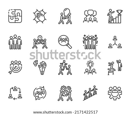 Vector set of teamwork line icons. Contains icons team building, collaboration, team, motivation, team goal, working group, management, cooperation and more. Pixel perfect.