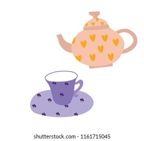 Vector set of teapot and cup with cute patterns