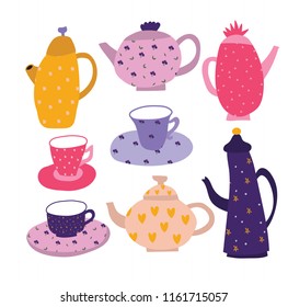 Vector set of teapots and cups with cute patterns