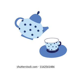 Vector set of teapots and cups with cute patterns and autumn leaves