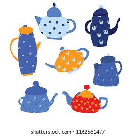 Vector set of teapots with cute patterns
