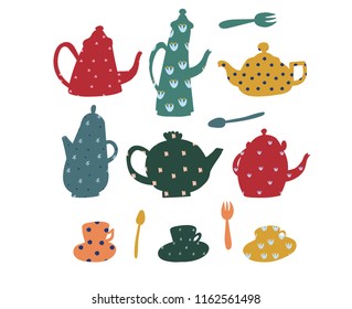 Vector set of teapots with cute patterns
