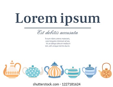 Vector set of teapots with cute patterns. Tea-set cartoon style design. Flat vector illustration on white background. Place for text.