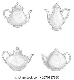 Vector set of teapots and kettle. Ink hand drawn vector illustration for label design in retro style. Vector elements isolated on white.
