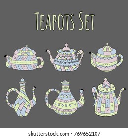 Vector set of teapots in Scandinavian style. Isolated objects.