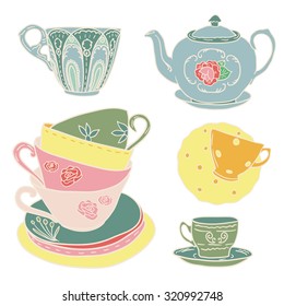 Vector set with teapots and teacups.