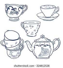 Vector set with teapots and teacups.