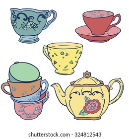 Vector set with teapots and teacups.