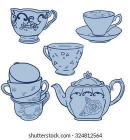 Vector set with teapots and teacups.