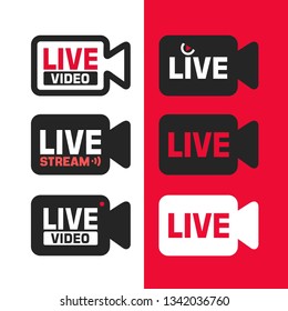 Vector Set Of Tech Icon Sign Online Video Stream. Icons Online Broadcasting In The Form Of A Video Camera With The Text: Live Video. Illustration Of Video Broadcast Icon In Flat Minimalism Style.