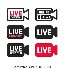 Vector set of tech online video sign icon. Video camera with the text: live, online, video stream.  Illustration of a camcorder sign in flat minimalism style.