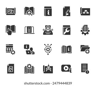 Vector set of technical documentation flat icons. Contains icons instruction, plan, manual, blueprint, algorithm, information, reference document, video tutorial and more. Pixel perfect.