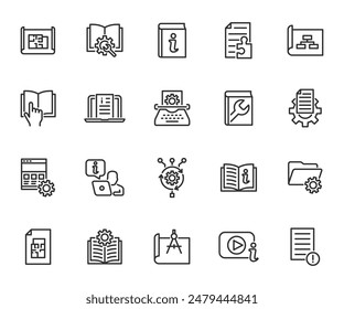 Vector set of technical documentation line icons. Contains icons instruction, plan, manual, blueprint, algorithm, information, reference document, video tutorial and more. Pixel perfect.