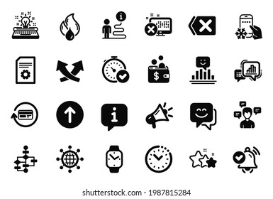 Vector Set of Technology icons related to Smile, Time management and Reject access icons. Stars, Megaphone and Flammable fuel signs. Smartwatch, Remove and Swipe up. Graph chart. Vector