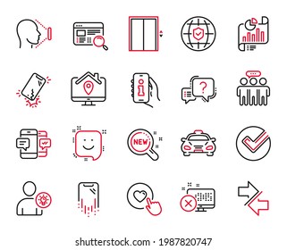 Vector Set of Technology icons related to Smile, Smartphone broken and Lift icons. Employees group, Report document and New products signs. Reject access, Info app and Work home. Verify. Vector