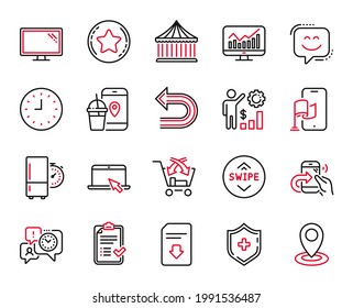Vector Set of Technology icons related to Time management, Statistics and Employees wealth icons. Location app, Download file and Location signs. Approved checklist, Smile face and Undo. Vector