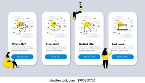 Vector Set of Technology icons related to Electric plug, Verified internet and Cogwheel timer icons. UI phone app screens with people. Laptop line symbols. Vector