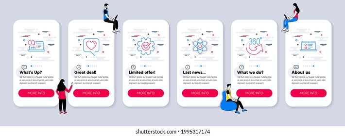 Vektorset von Technologiesymbolen zu Cograd-, Herz- und 360-Grad-Symbolen. UI Telefon-App-Bildschirme mit Teamwork. Online-Dokumentation, Chemie-Atom und Web-Vorlesungen Linien Symbole. Vektorgrafik