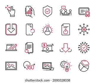 Vector Set of Technology icons related to 5g technology, Pie chart and Search file icons. Security network, Download and Move gesture signs. Analysis app, Approved document and Idea gear. Vector