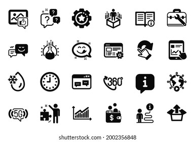 Iconos de Vector Set de Tecnología relacionados con Clock, ajustes Web e iconos de sonrisa Yummy. Estuche de herramientas, informe de Internet y señales de videoconferencia. Realidad aumentada, experimento de Química y Graph. Vector
