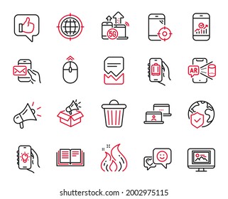 Vector Set of Technology icons related to Megaphone, Smile and Swipe up icons. World insurance, Smartphone statistics and Outsource work signs. Megaphone web symbol. Vector