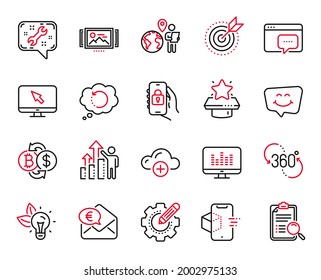 Vector Set of Technology icons related to Eco energy, Winner podium and Target purpose icons. 360 degree, Music making and Seo message signs. Internet, Bitcoin exchange and Augmented reality. Vector