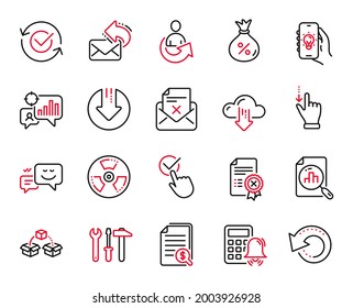 Iconos Vector Set de Tecnología relacionados con la letra Rechazar, el certificado Rechazar y los iconos Compartir. Alarma calculadora, estadísticas Seo y señales de emoción Happy. Documentos financieros, casilla de verificación y préstamo. Vector