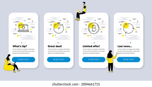 Iconos de Vector Set de Tecnología relacionados con los iconos de Timer, Bitcoin y descarga de Internet. pantallas de aplicación de la interfaz de usuario con personas. Reciclando símbolos de línea. Vector