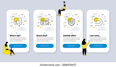 Iconos Vector Set de Tecnología relacionados con iconos Confirmados, Web report y Like. pantallas de aplicación de la interfaz de usuario con personas. Deshacer símbolos de línea. Mensaje aceptado, gráfico gráfico gráfico gráfico gráfico, Miniaturas arriba. Giro a la izquierda. Vector