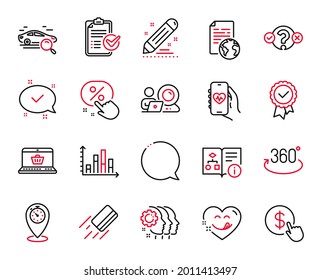 Vector Set of Technology icons related to Internet document, Tested stamp and Diagram graph icons. Quiz test, Video conference and Technical algorithm signs. Employees teamwork, Health app. Vector