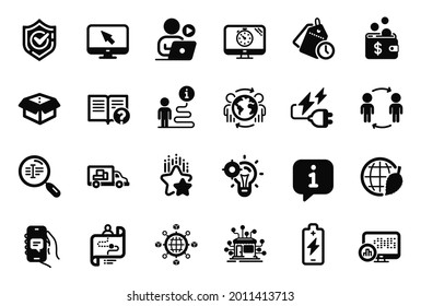 Vector Set of Technology icons related to Battery charging, Logistics network and Internet icons. Journey path, Global business and Report statistics signs. Truck transport, Distribution. Vector